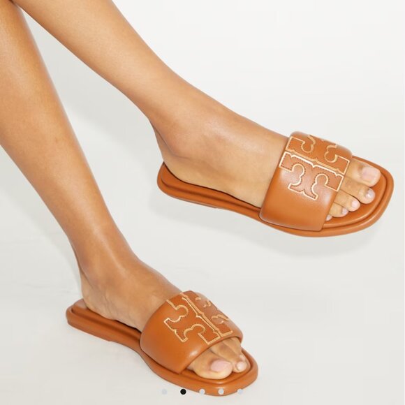 TORY BURCH Double T Logo Sport Leather Slide Sandal Aged Camello/Gold Size: 9 - Picture 1 of 16